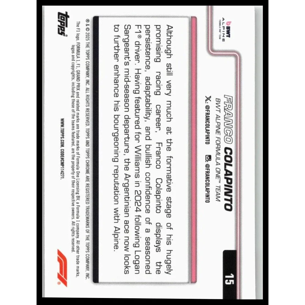 2025 Topps Chrome Formula 1 Franco Colapinto #15 BWT Alpine F1 Team